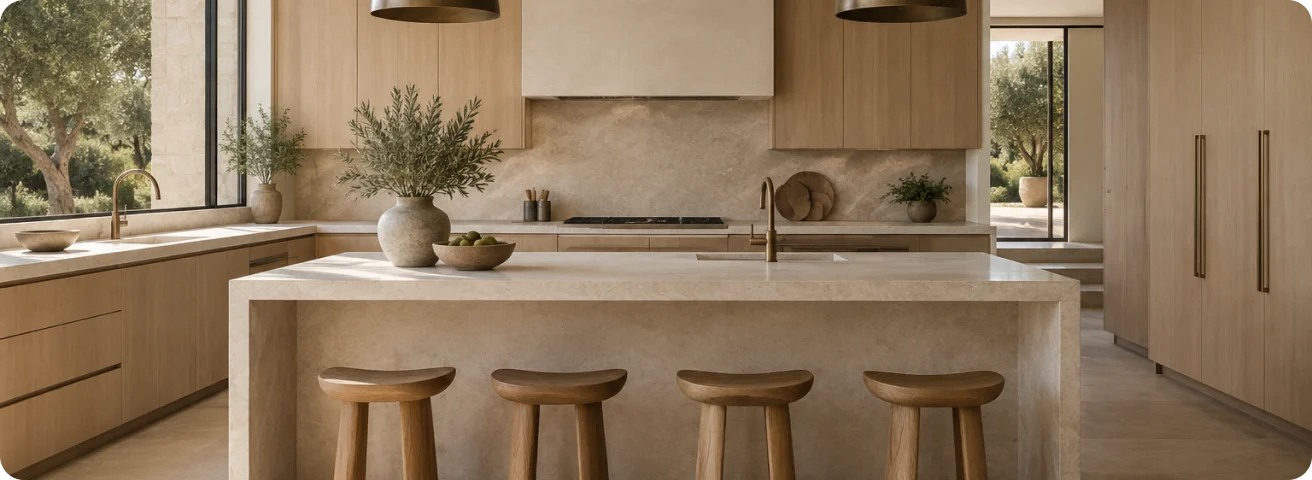 Kitchen and shared gathering space with warm oak and stone finishes